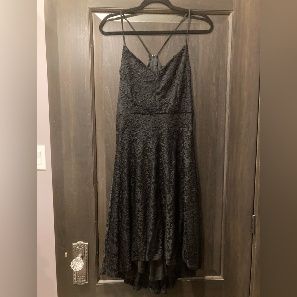 Black Lace High-Low Slip Dress with Spaghetti Straps